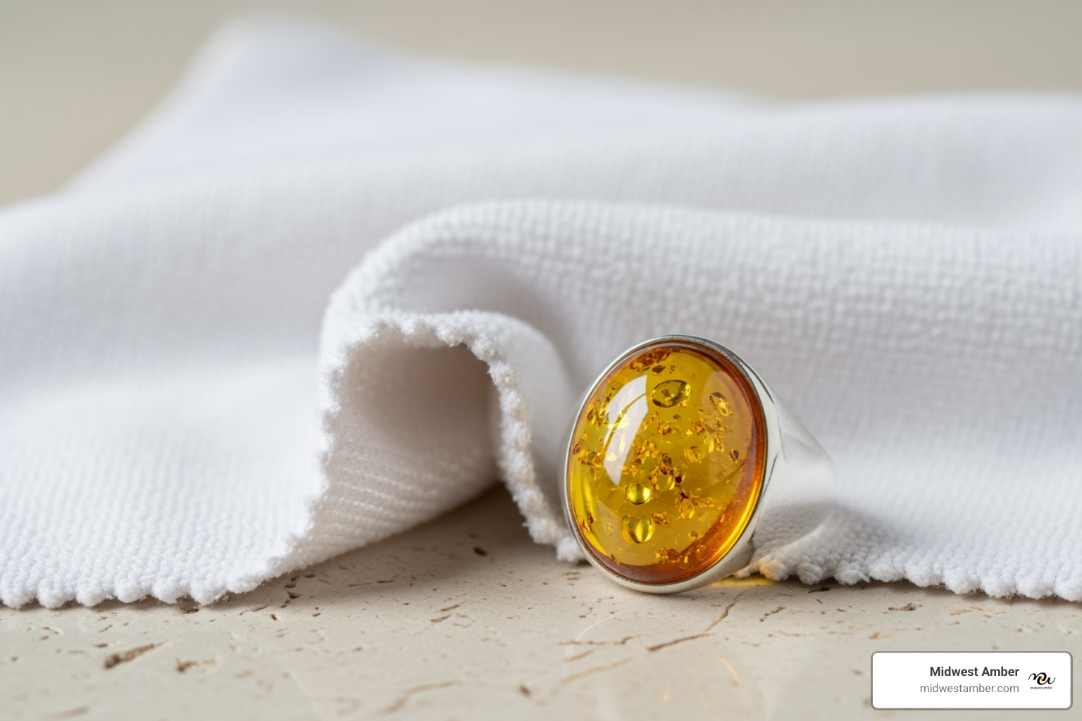 soft polishing cloth next to a men's amber ring on a clean surface - amber ring for men