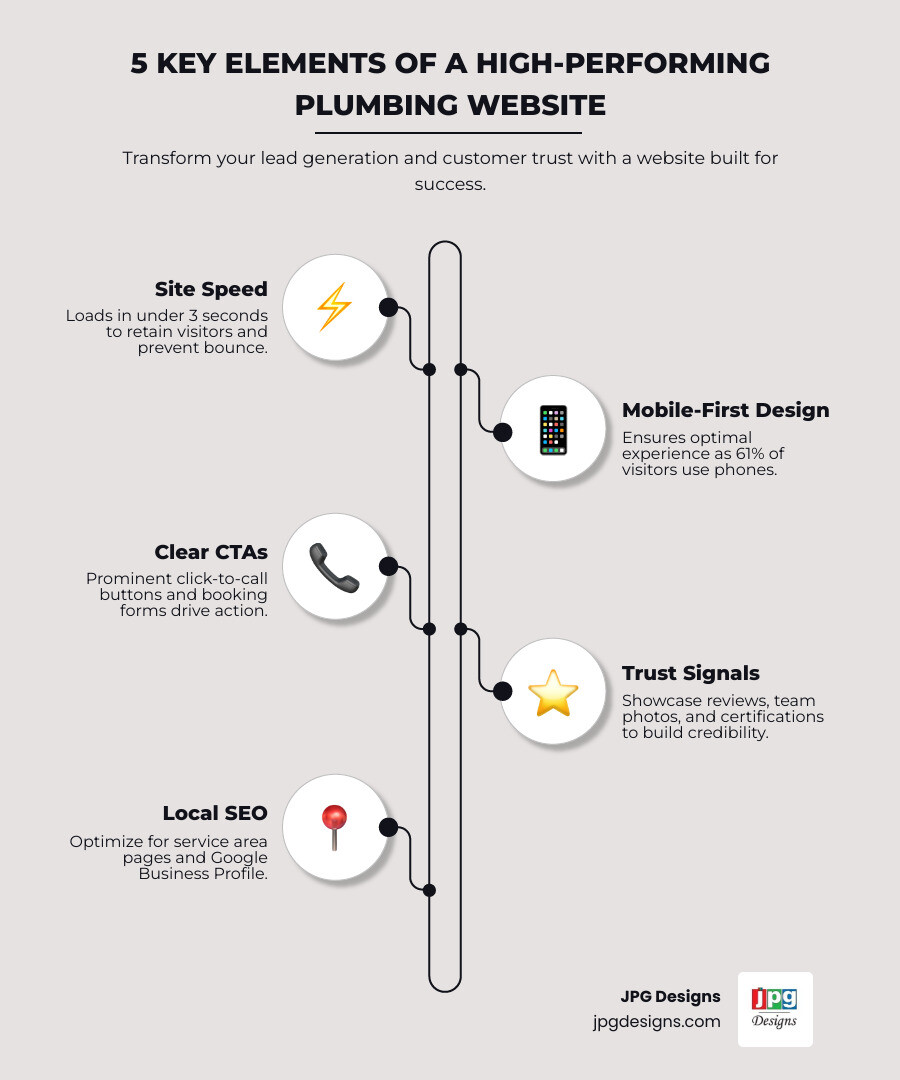 Infographic showing the 5 key elements of a high-performing plumbing website: Site Speed (loads in under 3 seconds), Mobile-First Design (61% of visitors use phones), Clear CTAs (click-to-call and booking buttons), Trust Signals (reviews, team photos, certifications), and Local SEO (service area pages and Google Business Profile optimization) - plumbing website designs infographic infographic-line-5-steps-elegant_beige