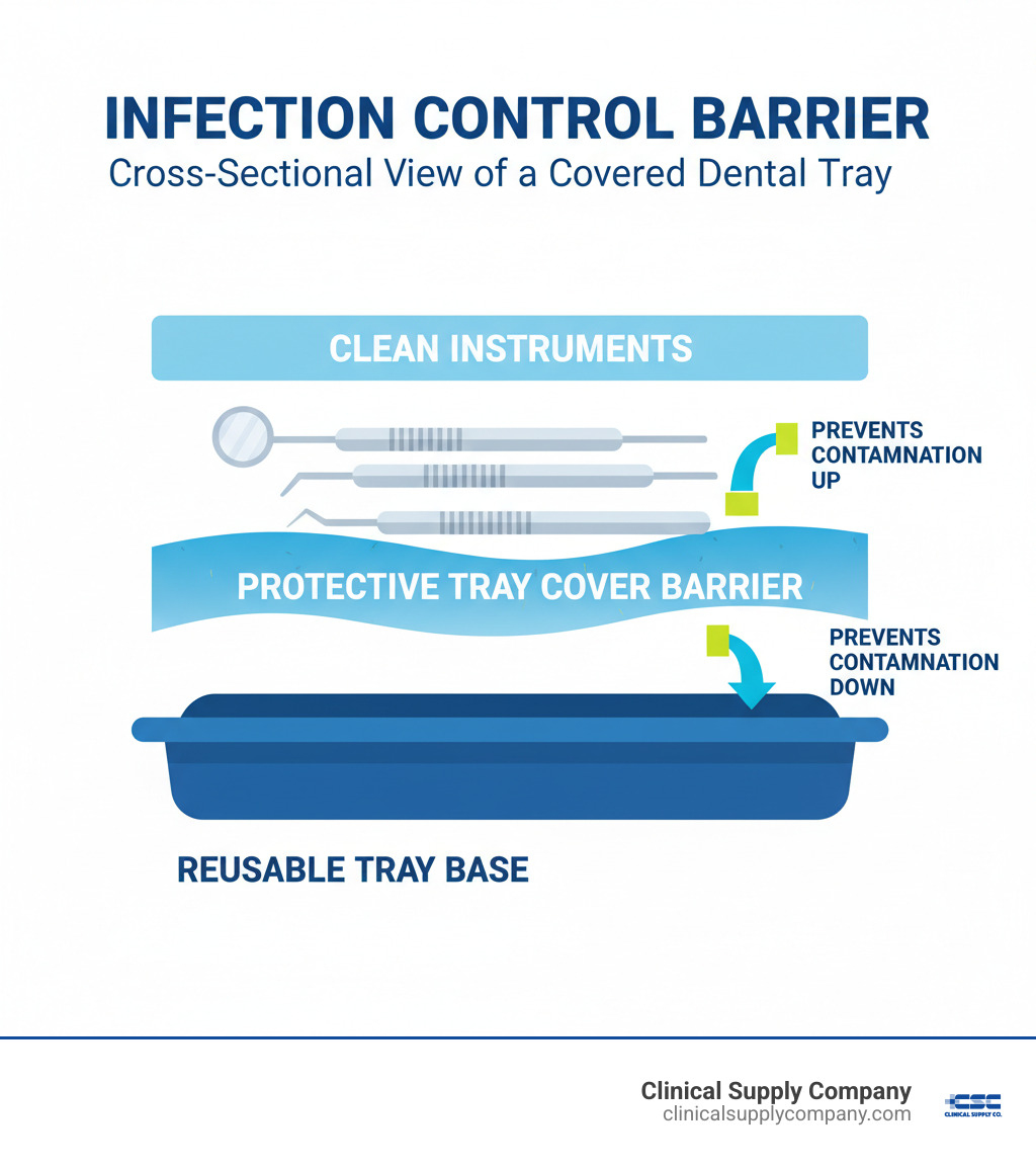Infographic showing cross-section view of a covered dental tray with labeled components: clean instruments on top, protective tray cover barrier in middle, and reusable tray base at bottom, with arrows indicating how the cover prevents contamination transfer between surfaces - tray cover infographic 