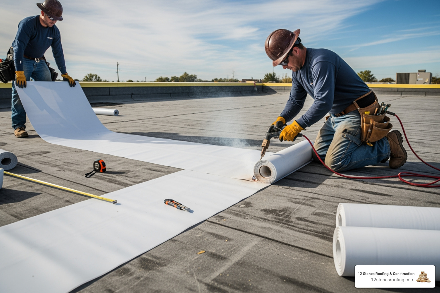 TPO membrane being installed on a flat roof - commercial roof installation cost TPO membrane being installed on a flat roof - commercial roof installation cost
