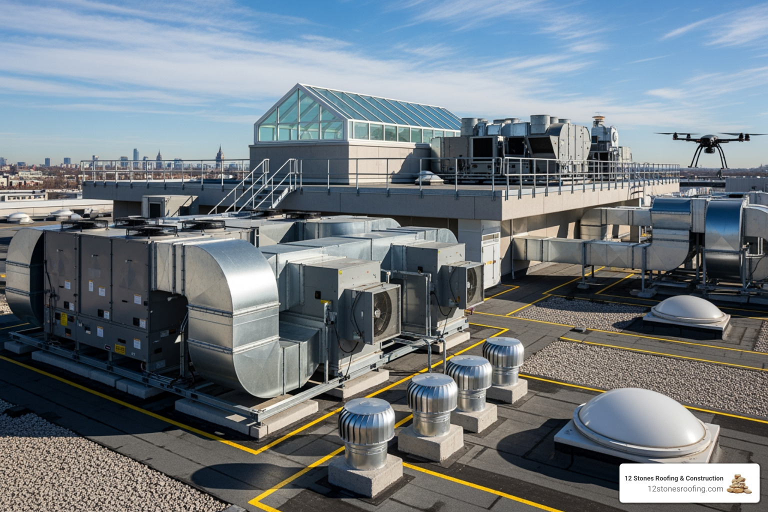 Complex commercial roof with multiple levels, HVAC units, and skylights - commercial roof installation cost Complex commercial roof with multiple levels, HVAC units, and skylights - commercial roof installation cost