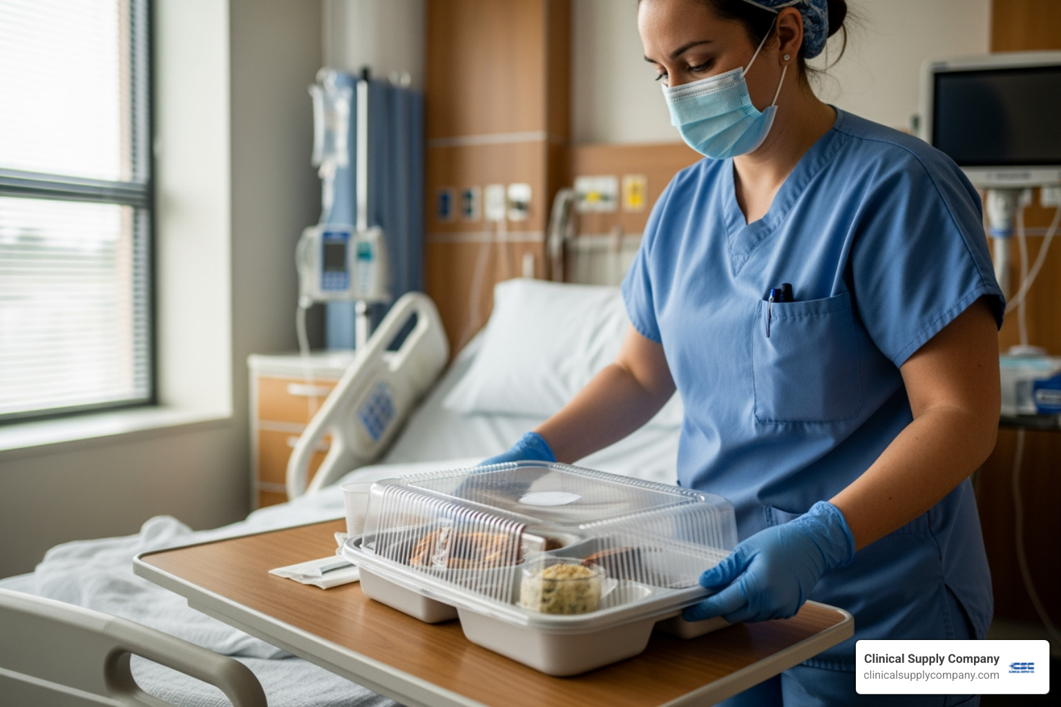 healthcare worker placing covered food tray - tray cover