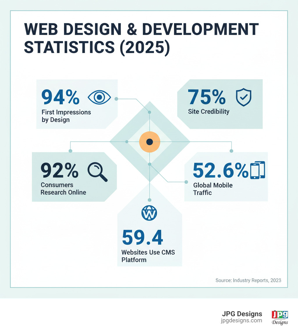 Infographic showing web design and development statistics: 94% of first impressions are influenced by website design and navigation, 75% of site credibility comes from web page design, 92% of consumers visit websites to research before buying, 52.6% of global web traffic comes from mobile devices, and over 40% of websites use WordPress as their CMS - web design and development services infographic 