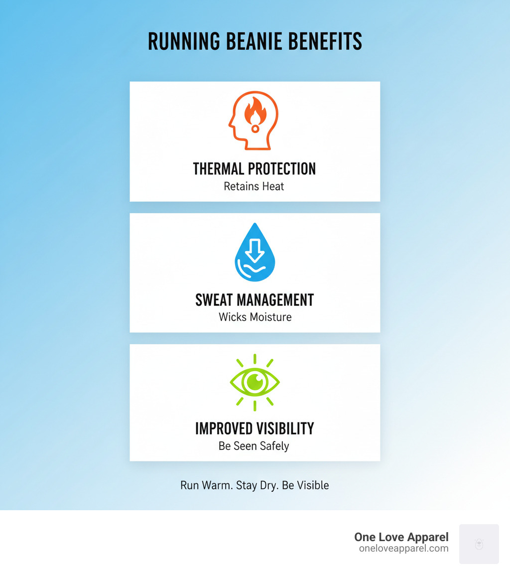 infographic explaining the core benefits of a running beanie: thermal protection, sweat management, and improved visibility - mens running beanie infographic 