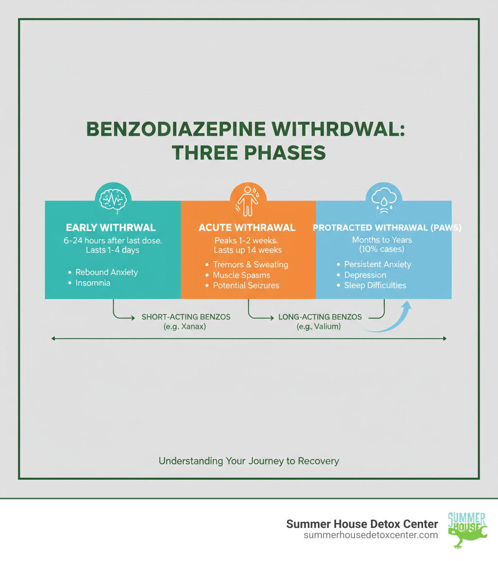 Infographic showing the three phases of benzodiazepine withdrawal: Early Withdrawal (6-24 hours after last dose, lasting 1-4 days) with symptoms like rebound anxiety and insomnia; Acute Withdrawal (peaks at 1-2 weeks, lasting up to 4 weeks) with physical symptoms like tremors, sweating, and potential seizures; and Protracted Withdrawal or PAWS (can last months to years in 10% of cases) with persistent anxiety, depression, and sleep difficulties. The timeline shows short-acting benzos like Xanax start withdrawal sooner, while long-acting benzos like Valium have a delayed but smoother onset. - benzodiazepine detox infographic Infographic showing the three phases of benzodiazepine withdrawal: Early Withdrawal (6-24 hours after last dose, lasting 1-4 days) with symptoms like rebound anxiety and insomnia; Acute Withdrawal (peaks at 1-2 weeks, lasting up to 4 weeks) with physical symptoms like tremors, sweating, and potential seizures; and Protracted Withdrawal or PAWS (can last months to years in 10% of cases) with persistent anxiety, depression, and sleep difficulties. The timeline shows short-acting benzos like Xanax start withdrawal sooner, while long-acting benzos like Valium have a delayed but smoother onset. - benzodiazepine detox infographic