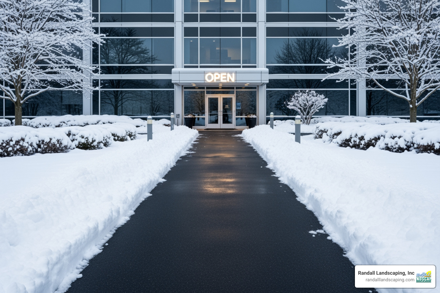 Clear, safe walkway leading to a business entrance in winter - snow removal price per square foot
