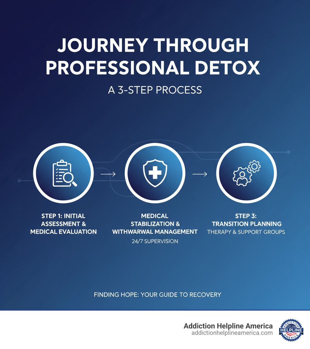 Infographic showing the journey through professional detox: Step 1 - Initial Assessment and Medical Evaluation, Step 2 - Medical Stabilization with 24/7 Supervision and Withdrawal Management, Step 3 - Transition Planning to Ongoing Treatment Programs including therapy and support groups - detox centers near me infographic Infographic showing the journey through professional detox: Step 1 - Initial Assessment and Medical Evaluation, Step 2 - Medical Stabilization with 24/7 Supervision and Withdrawal Management, Step 3 - Transition Planning to Ongoing Treatment Programs including therapy and support groups - detox centers near me infographic