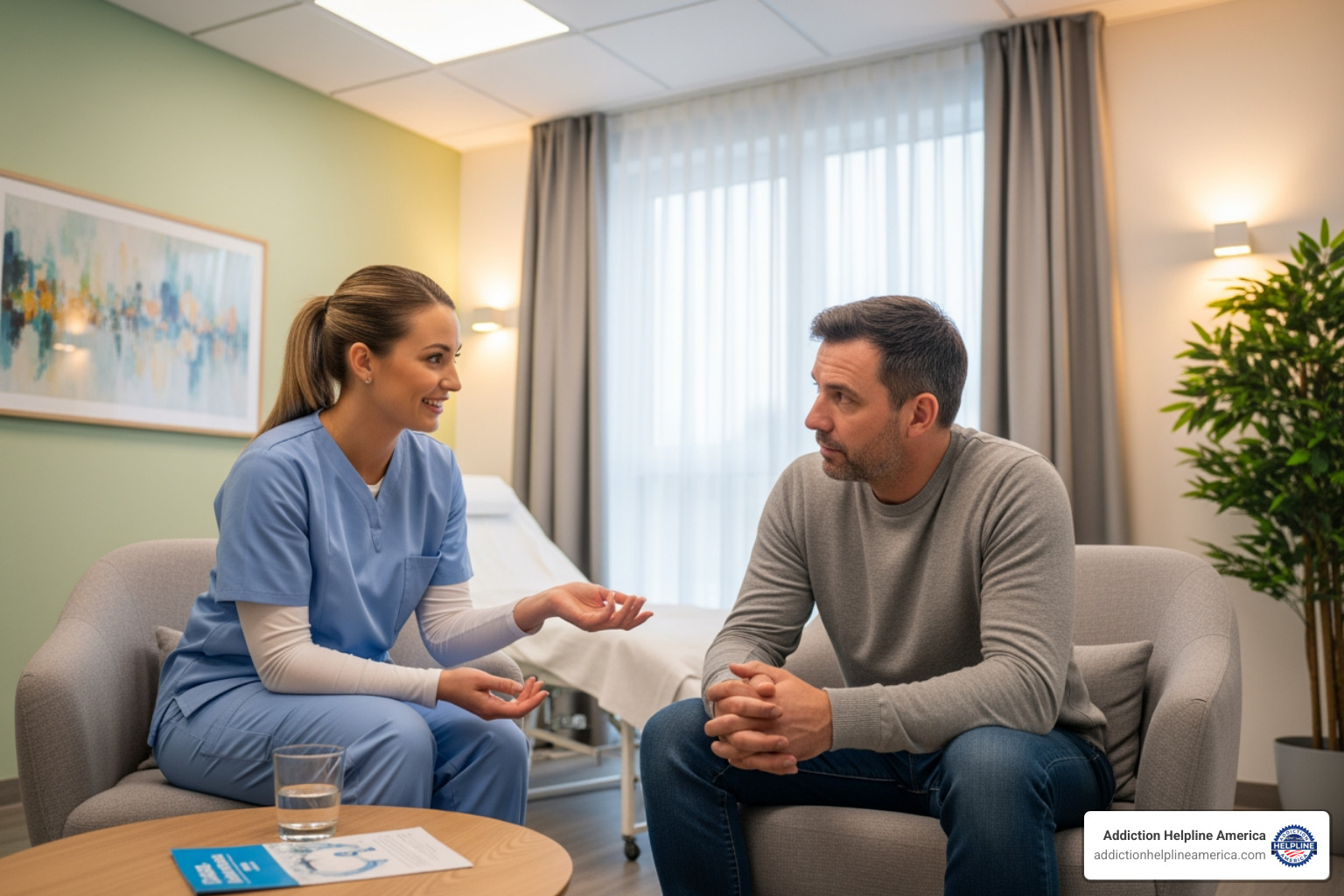 A compassionate nurse talking to a patient in a comfortable room, offering reassurance and explaining the detox process. - detox centers near me A compassionate nurse talking to a patient in a comfortable room, offering reassurance and explaining the detox process. - detox centers near me