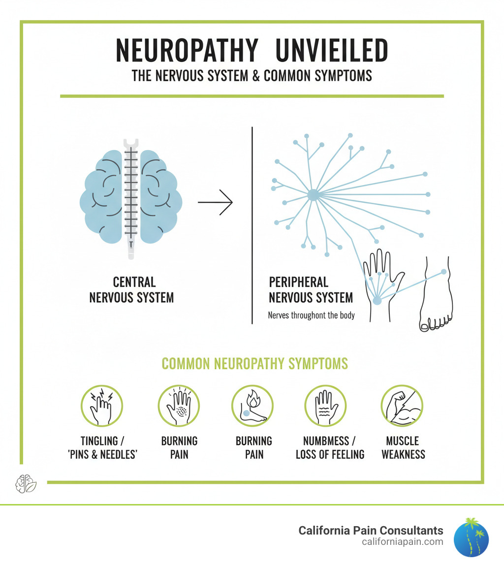 infographic showing the difference between the central nervous system (brain and spinal cord) and the peripheral nervous system (nerves throughout the body), with common neuropathy symptoms illustrated in hands and feet - neuropathy infographic 