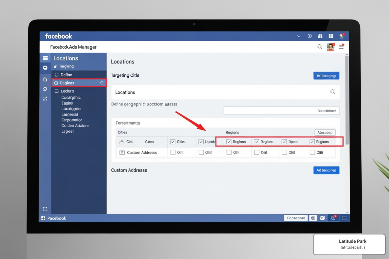 The Facebook Ads Manager dashboard with the 'Locations' targeting section highlighted, showing options for adding cities, regions, or addresses. - geo-targeted facebook ads