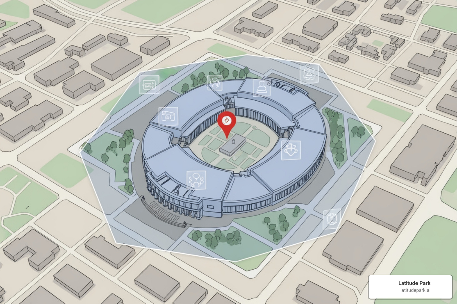 An illustration of geo-fencing, depicting a virtual boundary around a specific building or event venue, with targeted ads appearing within the boundary. - geo-targeted facebook ads