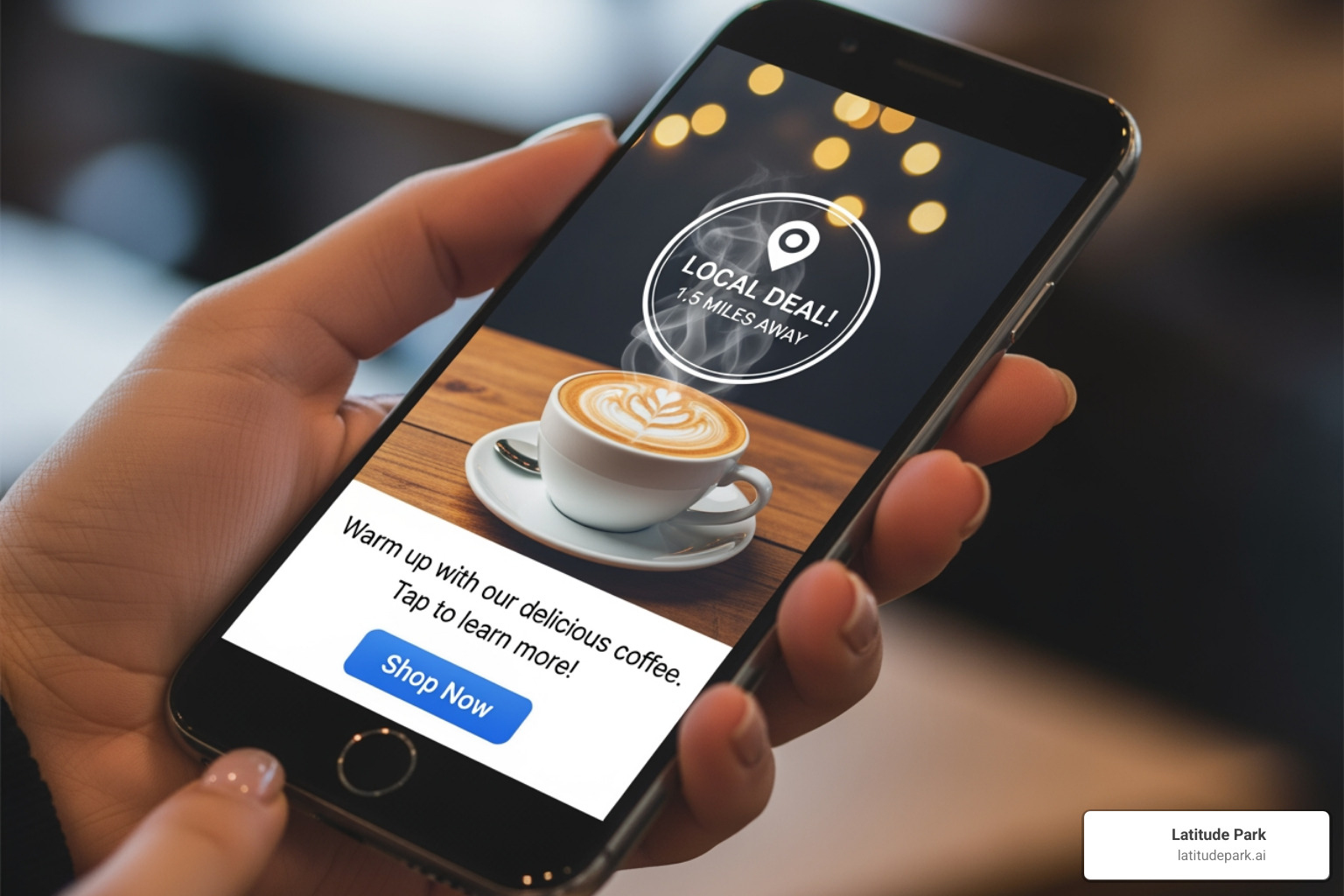 A mobile phone showing a localized Facebook ad for a nearby coffee shop, displaying a special offer for customers in the immediate vicinity. - geo-targeted facebook ads