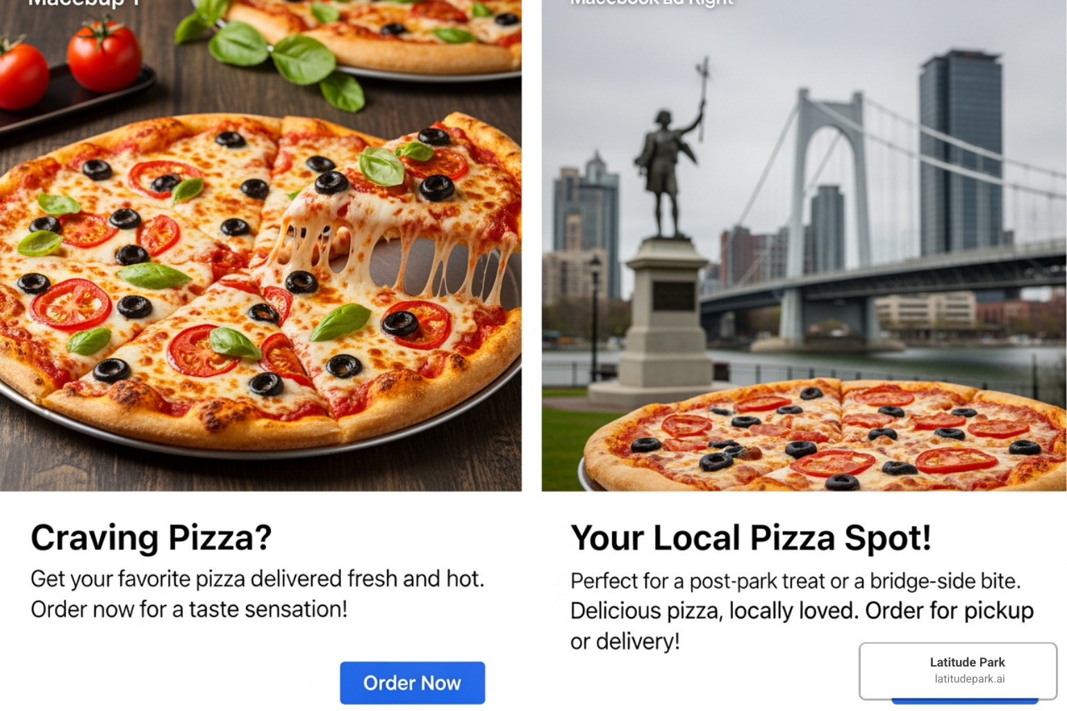 A side-by-side comparison of two Facebook ads: one generic ad for a pizza restaurant, and another highly localized ad for the same restaurant featuring a local landmark and a community-specific offer. - geo-targeted facebook ads