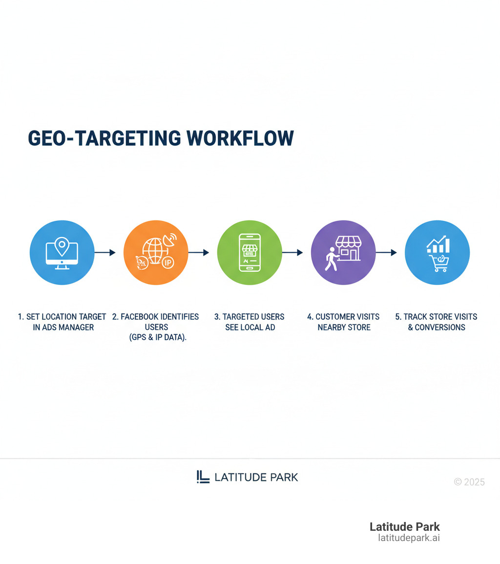 Infographic showing the geo-targeting workflow: Business sets location target in Ads Manager → Facebook identifies users in that location using GPS and IP data → Targeted users see relevant local ad on their feed → Customer visits nearby store location → Business tracks store visits and conversions - geo-targeted facebook ads infographic 