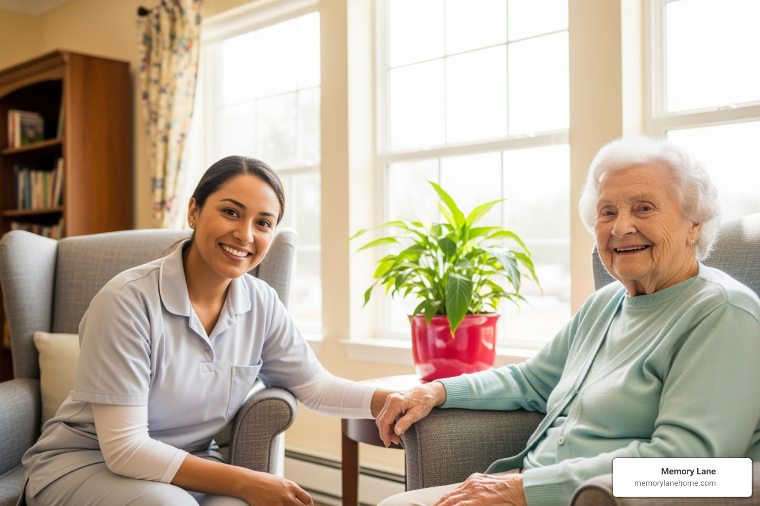 a friendly caregiver and a resident smiling together in a bright, welcoming room - assisted living ann arbor a friendly caregiver and a resident smiling together in a bright, welcoming room - assisted living ann arbor