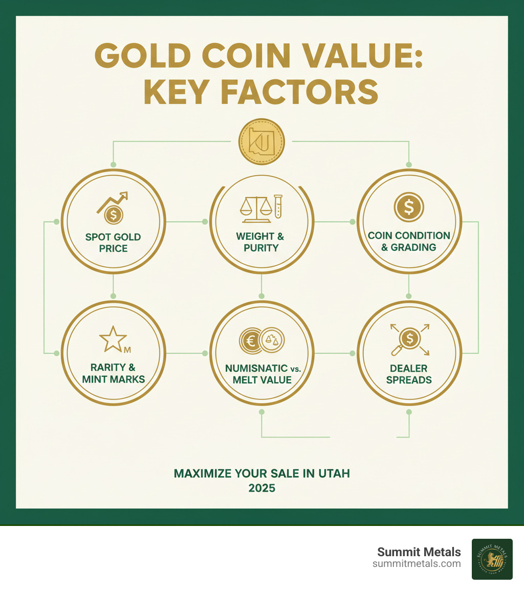 Infographic showing the key factors that determine a gold coin's price: spot gold price, weight and purity, coin condition and grading, rarity and mint marks, numismatic value vs melt value, and dealer spreads - sell gold coins utah infographic 