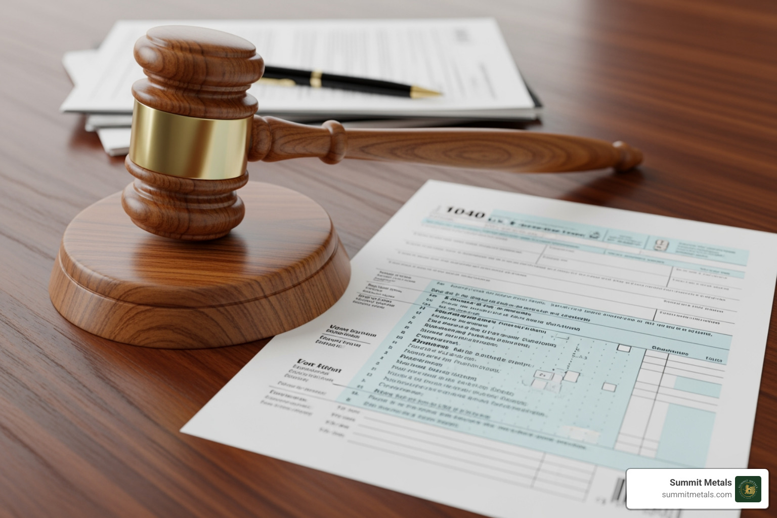of a tax form and a gavel - sell gold coins utah