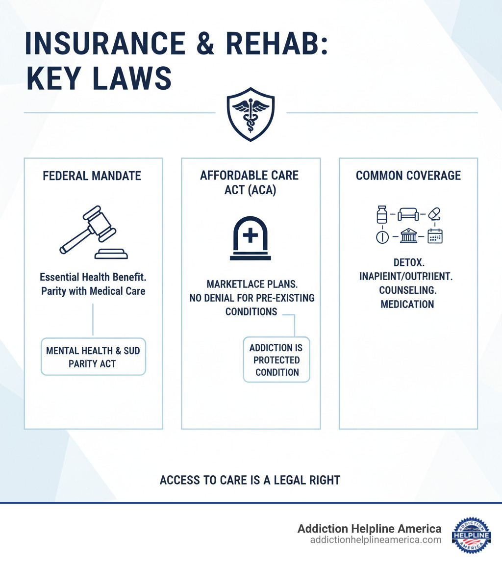 Infographic explaining the key laws that mandate addiction treatment coverage - Does insurance cover rehab infographic Infographic explaining the key laws that mandate addiction treatment coverage - Does insurance cover rehab infographic