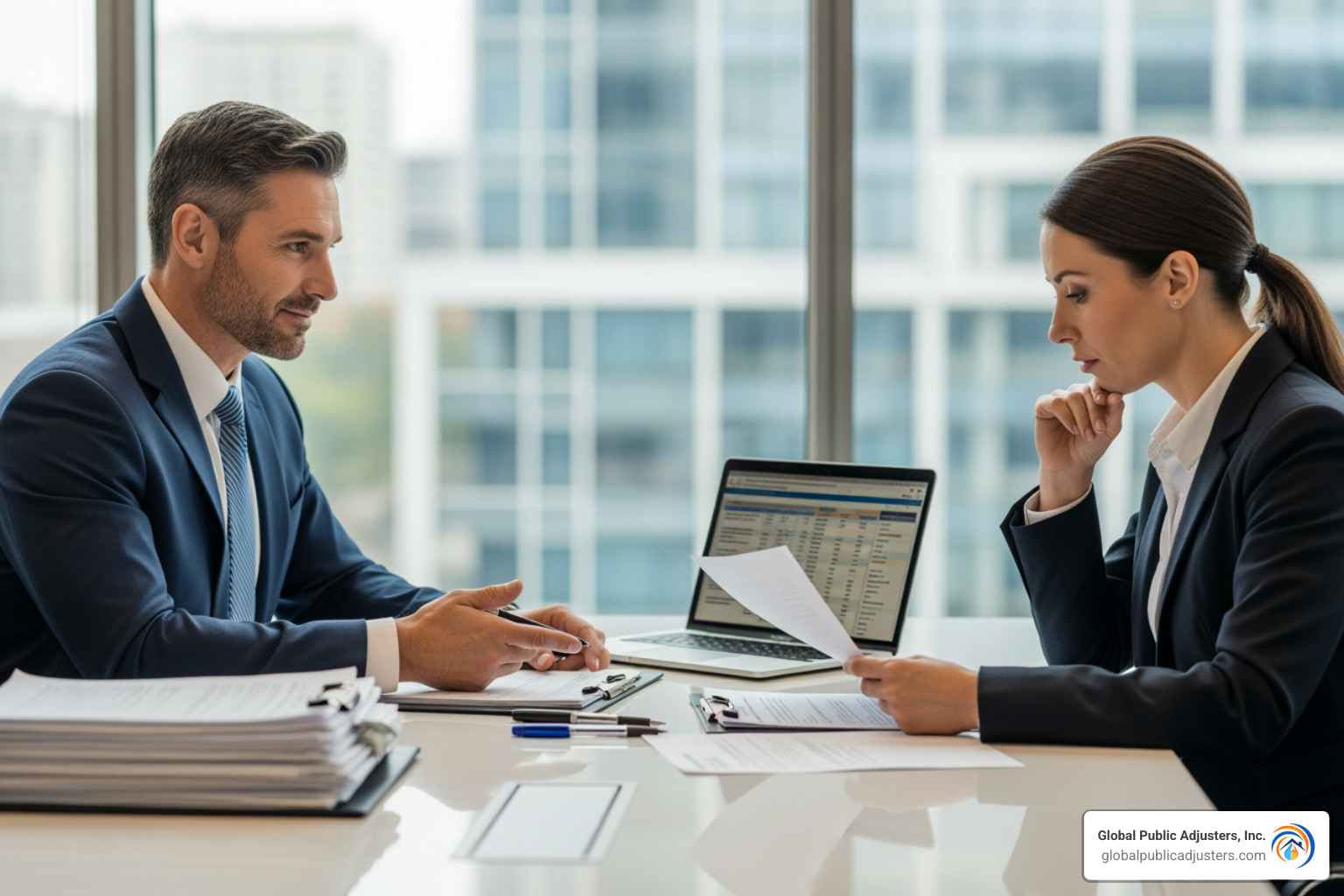 Public adjuster confidently negotiating with an insurance representative on behalf of a homeowner - Water damage adjuster