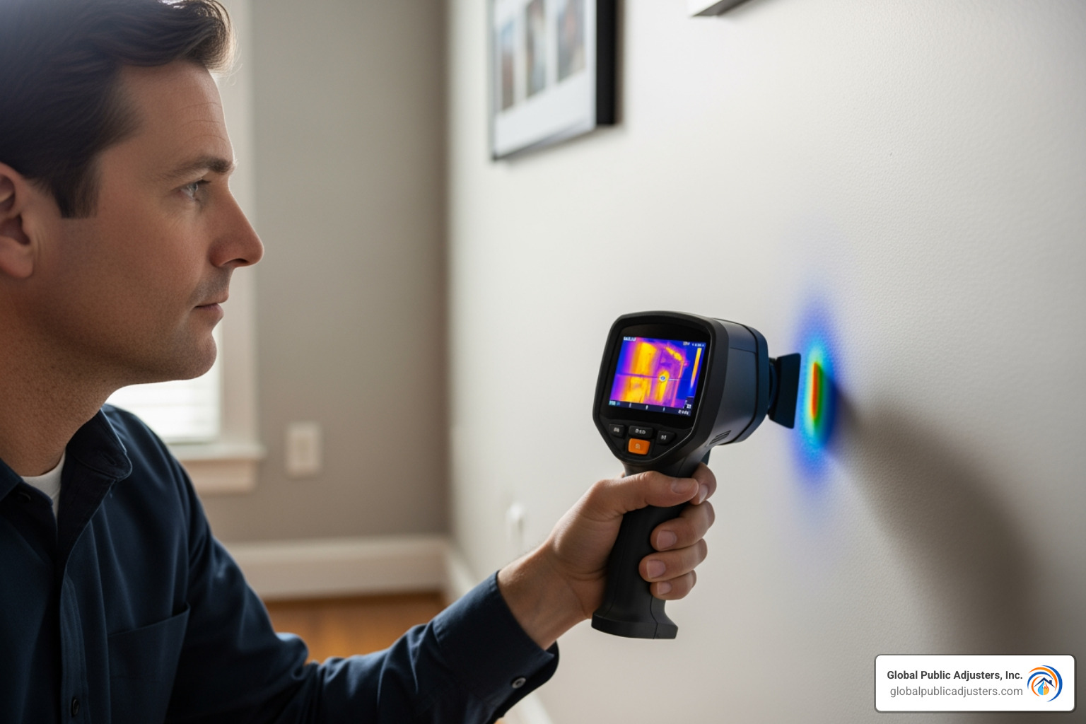 Adjuster using a thermal imaging camera on a wall - Water damage adjuster