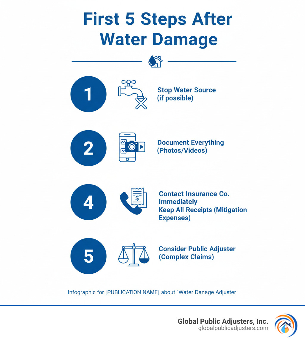 Infographic showing the first 5 steps after discovering water damage: 1. Stop the water source if possible, 2. Document everything with photos and videos, 3. Contact your insurance company immediately, 4. Keep all receipts for mitigation expenses, 5. Consider hiring a public adjuster for complex claims - Water damage adjuster infographic 