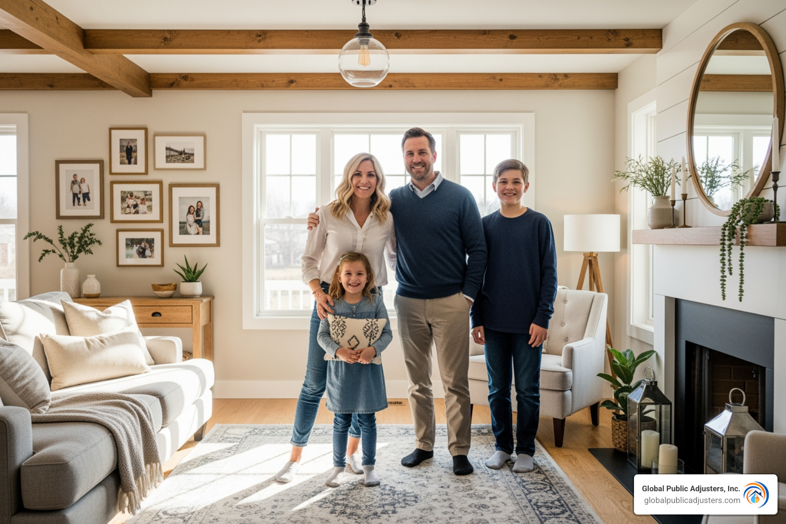 Happy family standing in their fully restored home - Water damage adjuster