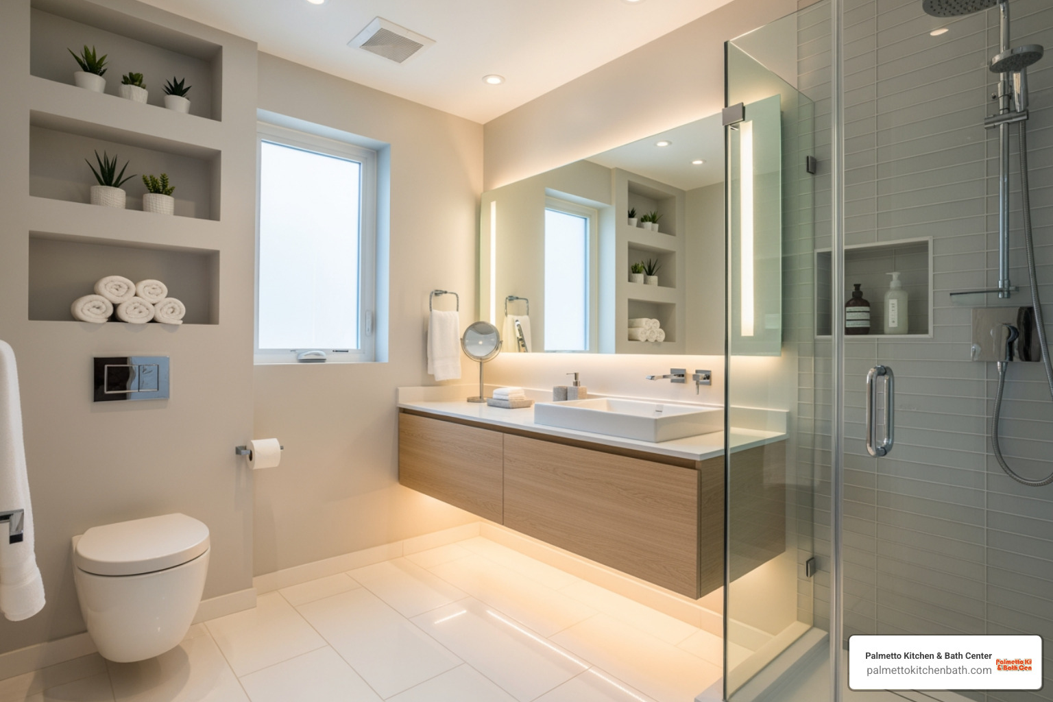 small condo bathroom with floating vanity and recessed shelving - condo bathroom remodel ideas