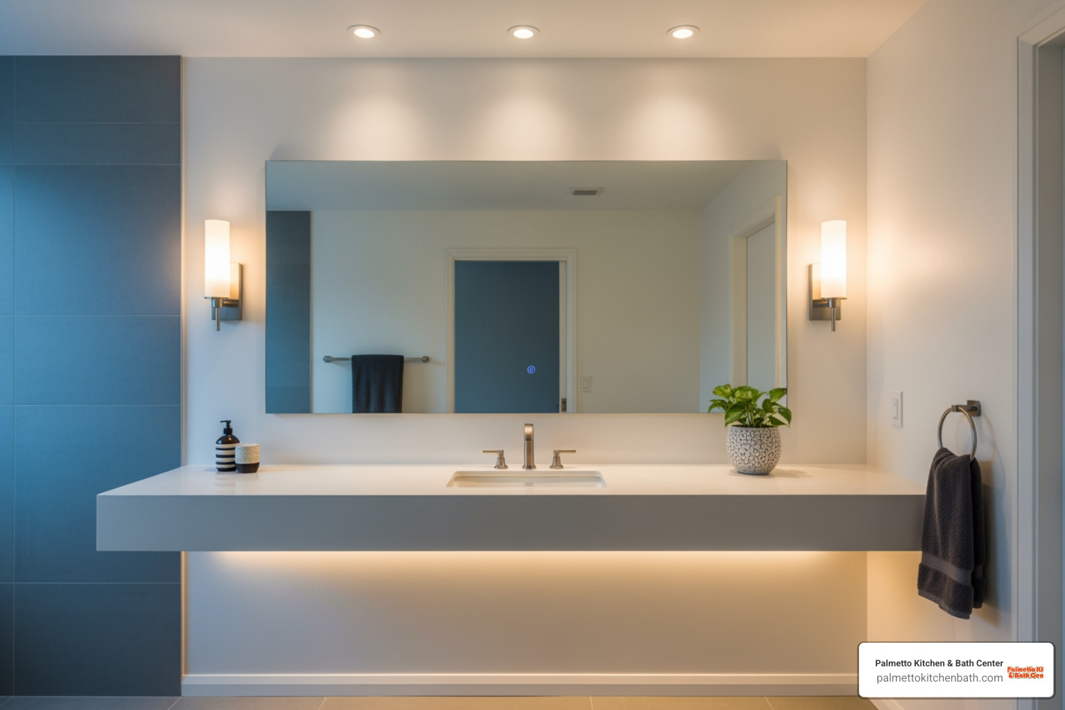 well-lit bathroom vanity with layered lighting - condo bathroom remodel ideas