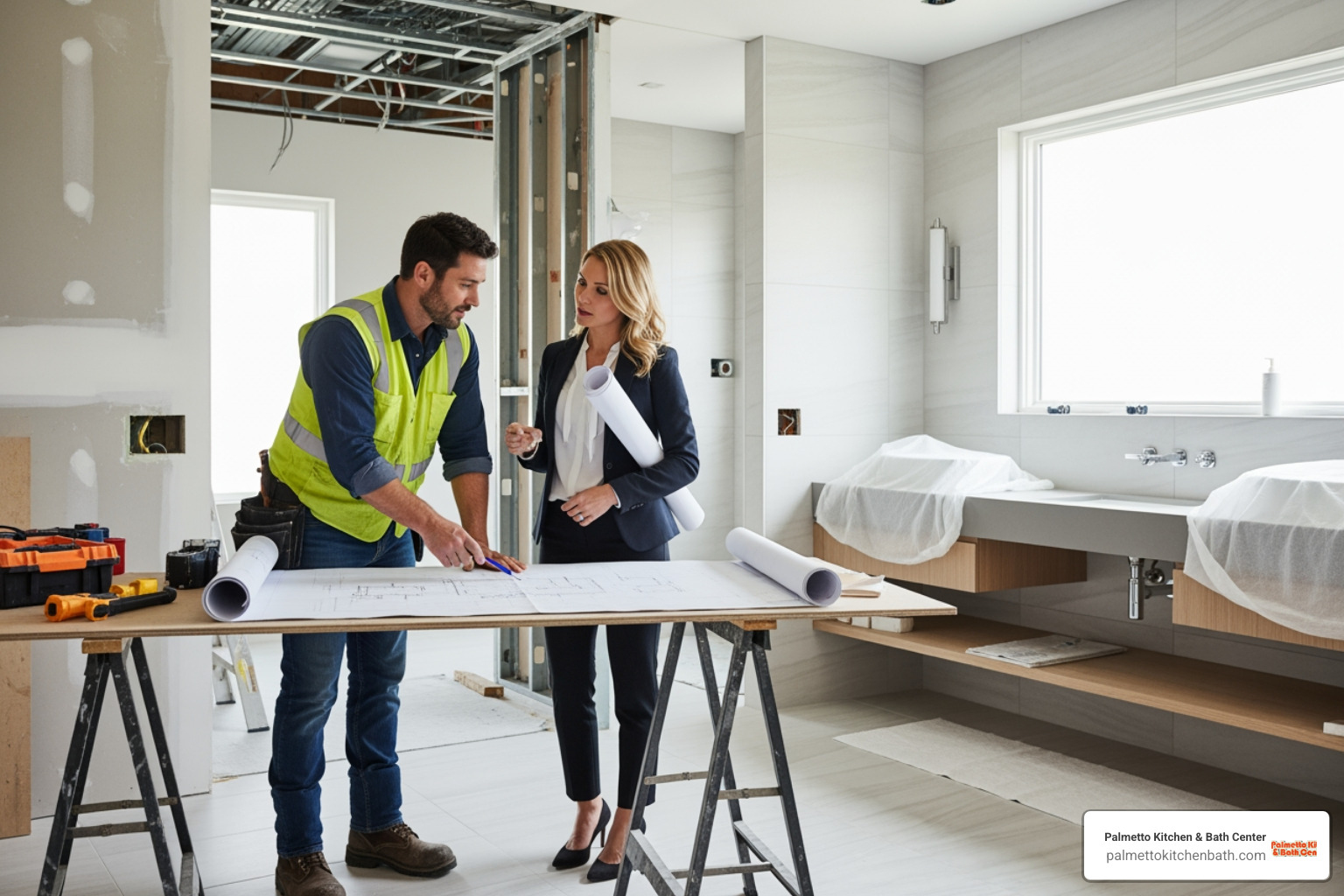 contractor and designer reviewing blueprints in a bathroom - condo bathroom remodel ideas
