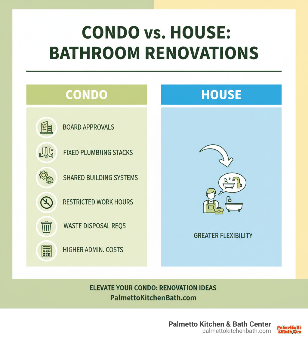 infographic showing key differences between condo and house bathroom renovations, including condo board approvals, fixed plumbing stacks, shared building systems, restricted work hours, waste disposal requirements, and higher administrative costs versus the greater flexibility available in house renovations - condo bathroom remodel ideas infographic 