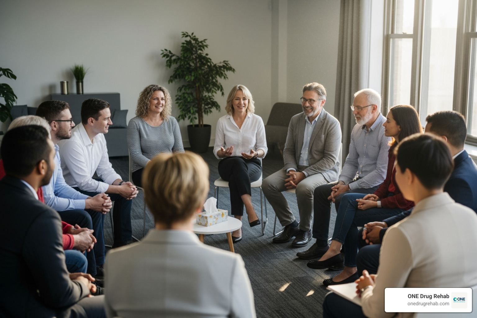 a diverse group of people sitting in a circle for a support meeting - spiritual recovery programs