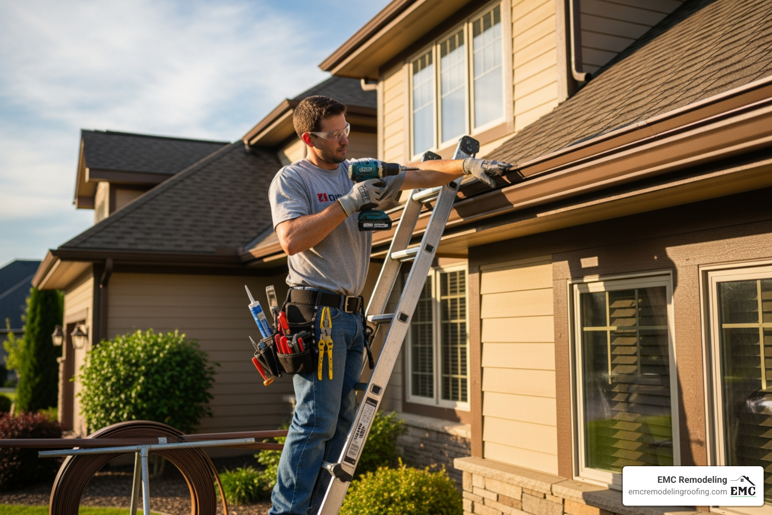 professional installing a seamless gutter section - central Texas gutters