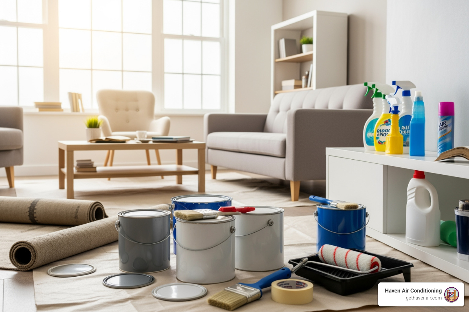 new furniture, fresh paint cans, and cleaning supplies, representing sources of Volatile Organic Compounds (VOCs) in a home - epa indoor air new furniture, fresh paint cans, and cleaning supplies, representing sources of Volatile Organic Compounds (VOCs) in a home - epa indoor air
