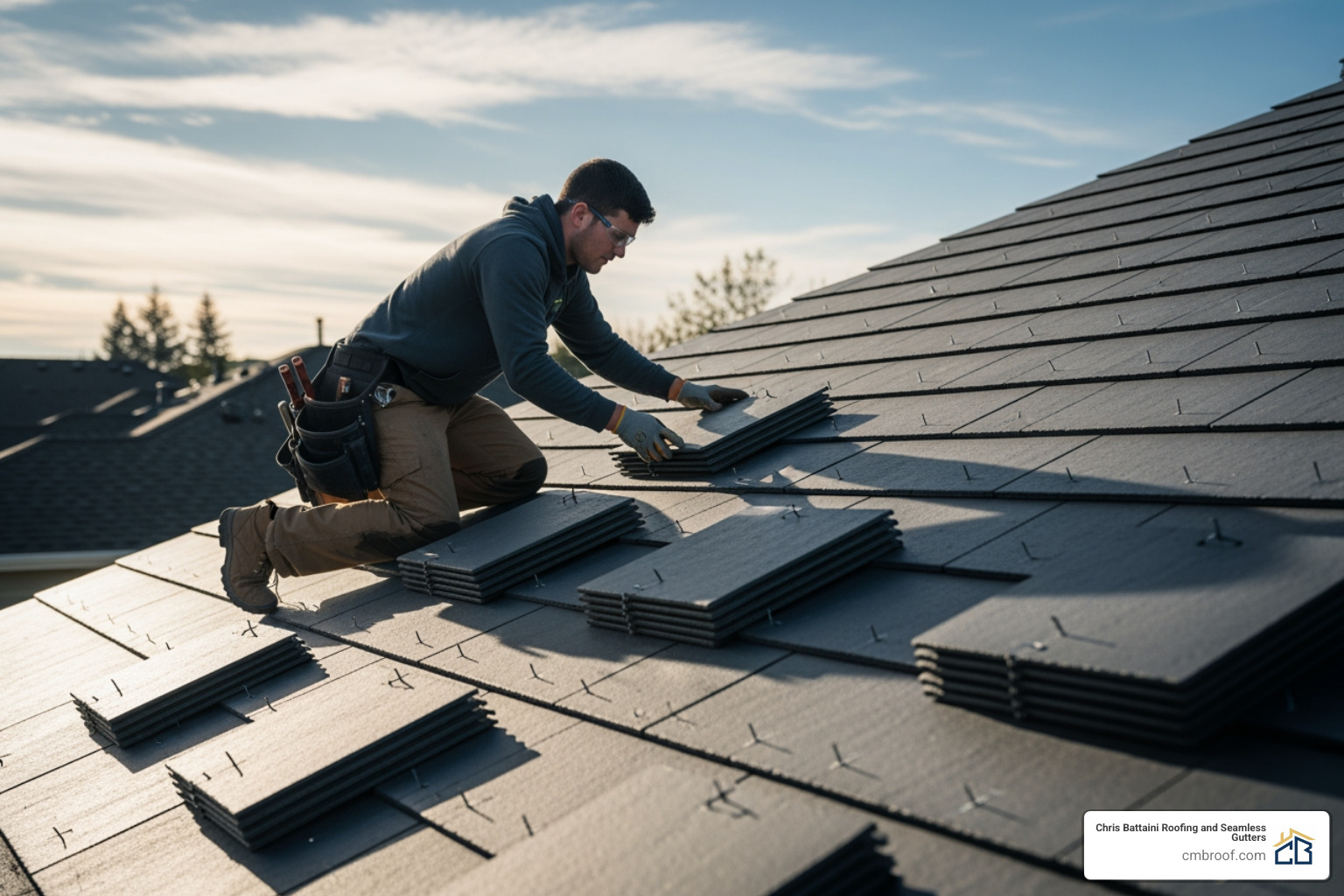 Contractor installing Tapco tiles, highlighting the pre-marked nailing guides - tapco synthetic slate roof tile