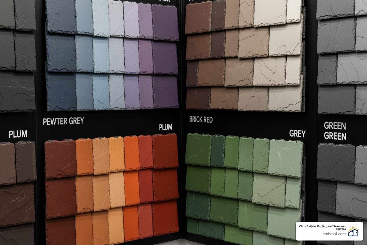 Color swatch showing TapcoSlate Classic colors: Stone Black, Pewter Grey, Plum, Brick Red, Grey, Green, and mixed blends. - tapco synthetic slate roof tile