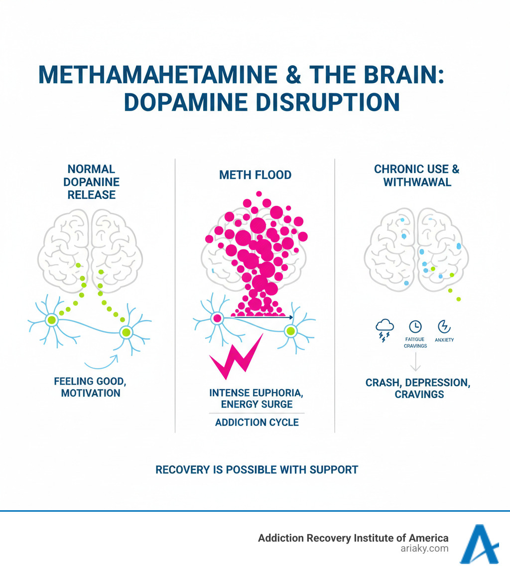 Infographic showing methamphetamine's effect on the brain's dopamine system, including normal dopamine release versus the flood of dopamine caused by meth use, and how chronic use depletes dopamine receptors leading to withdrawal symptoms - meth detox infographic 