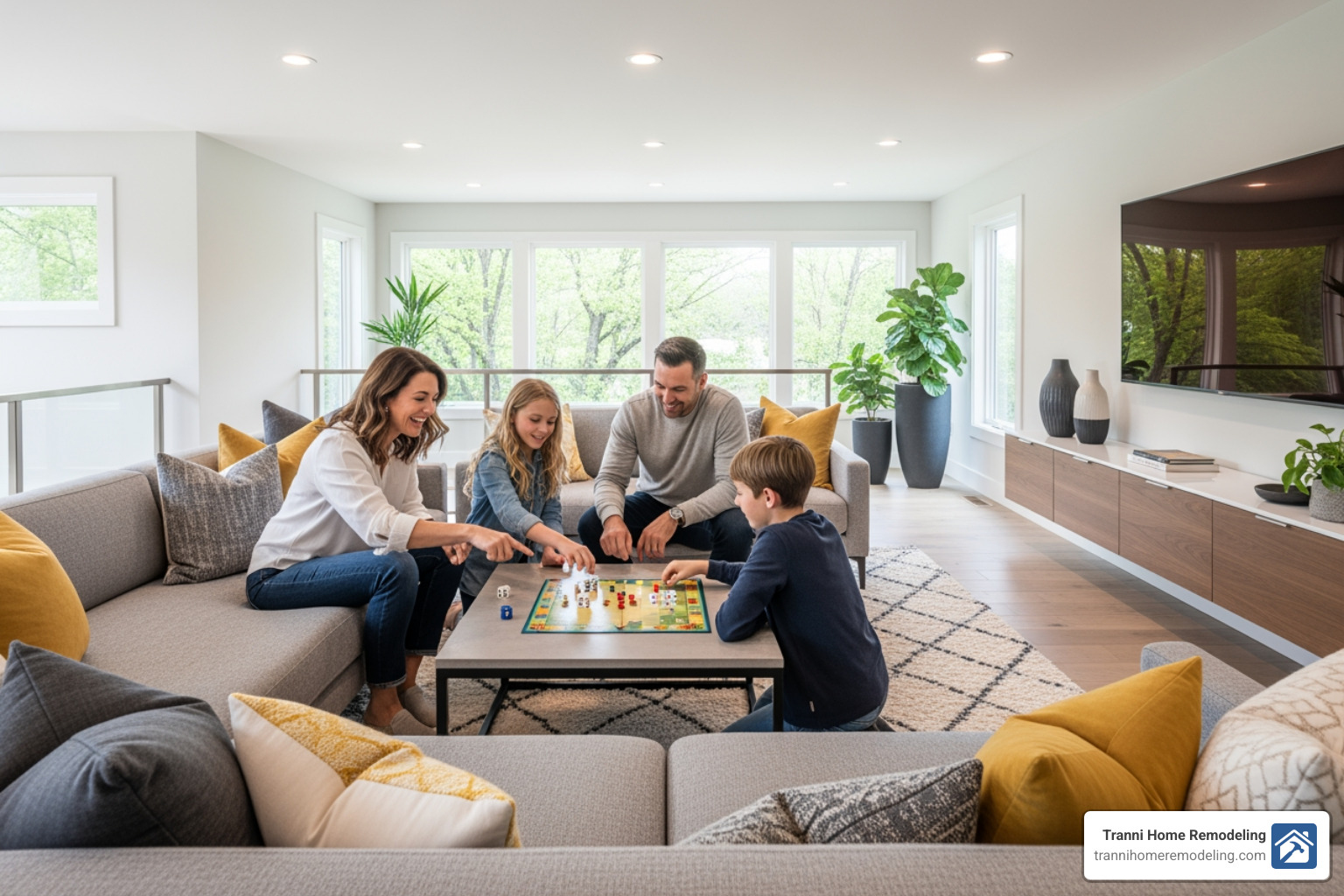 family enjoying their new spacious second floor living room - second story addition contractor family enjoying their new spacious second floor living room - second story addition contractor
