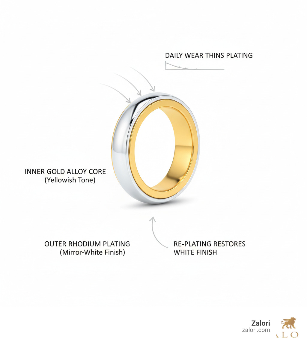 infographic showing cross-section of white gold ring structure with labeled layers: inner gold alloy core in natural yellowish tone, outer rhodium plating layer in bright white, with arrows indicating daily wear causes plating to thin over time, and notation that re-plating restores the white finish - how to care for white gold engagement ring infographic infographic showing cross-section of white gold ring structure with labeled layers: inner gold alloy core in natural yellowish tone, outer rhodium plating layer in bright white, with arrows indicating daily wear causes plating to thin over time, and notation that re-plating restores the white finish - how to care for white gold engagement ring infographic