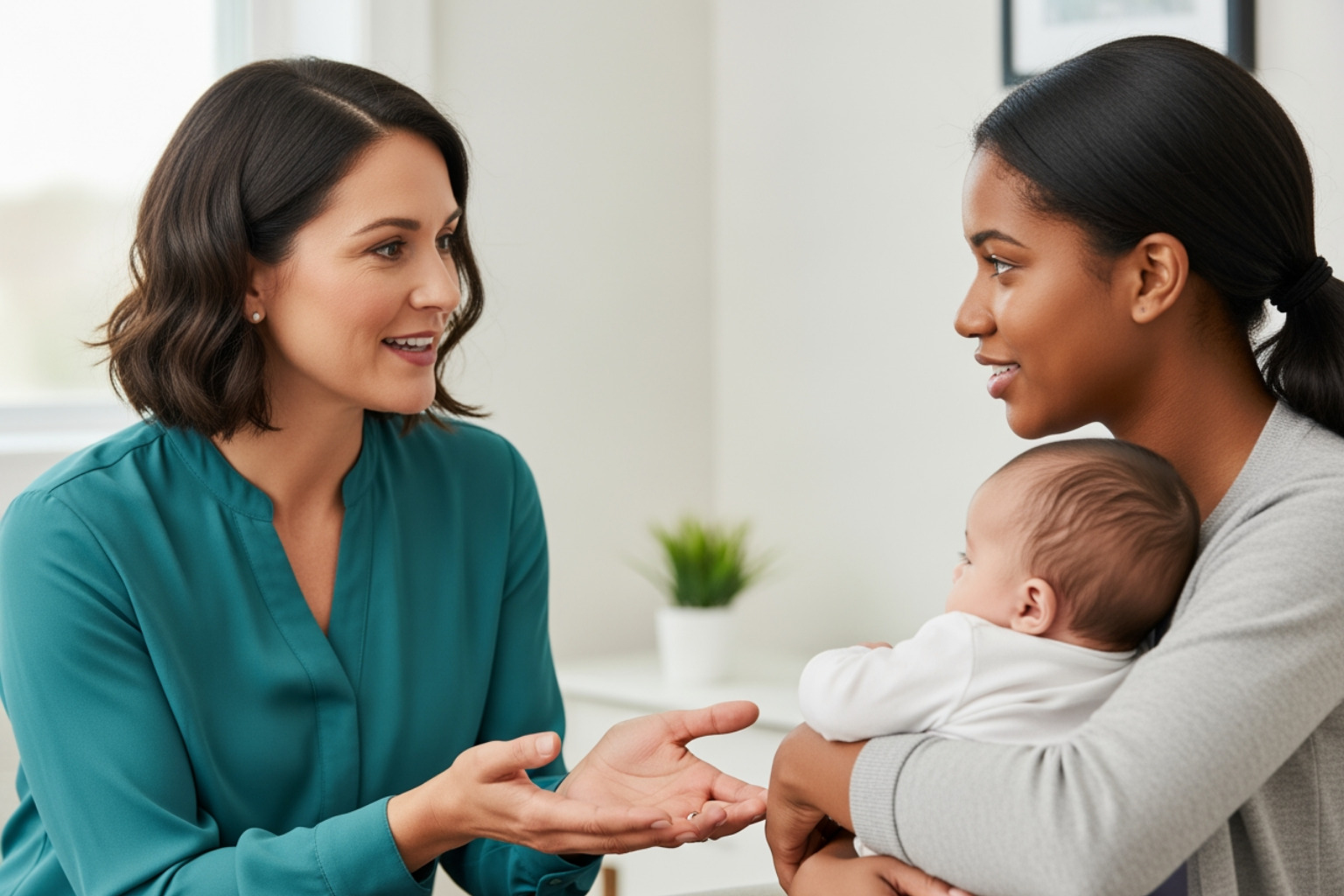 case manager warmly speaking with young mother and baby - housing for pregnant single mothers case manager warmly speaking with young mother and baby - housing for pregnant single mothers