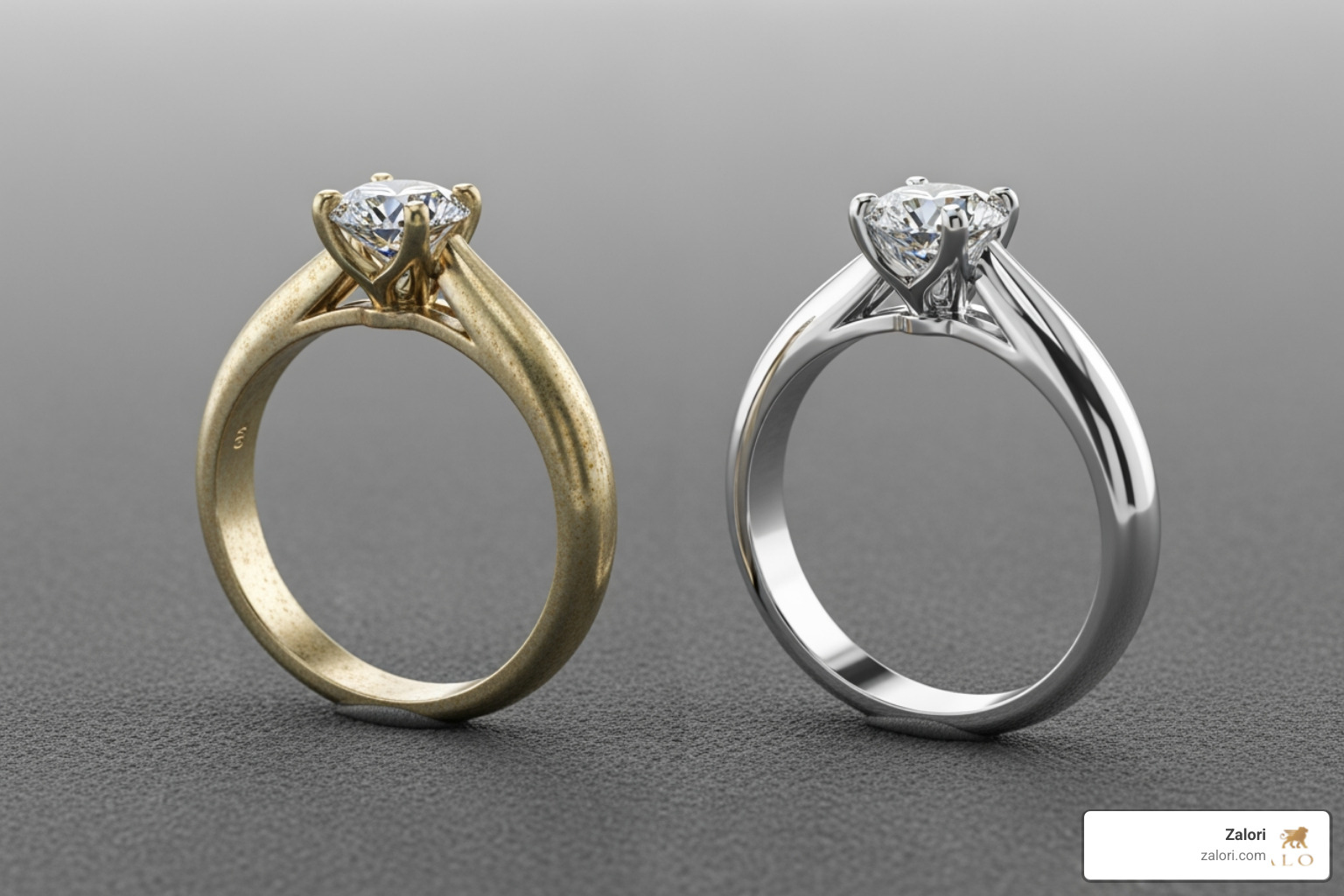 before and after image of a yellowed white gold ring and a freshly rhodium-plated one - how to care for white gold engagement ring before and after image of a yellowed white gold ring and a freshly rhodium-plated one - how to care for white gold engagement ring