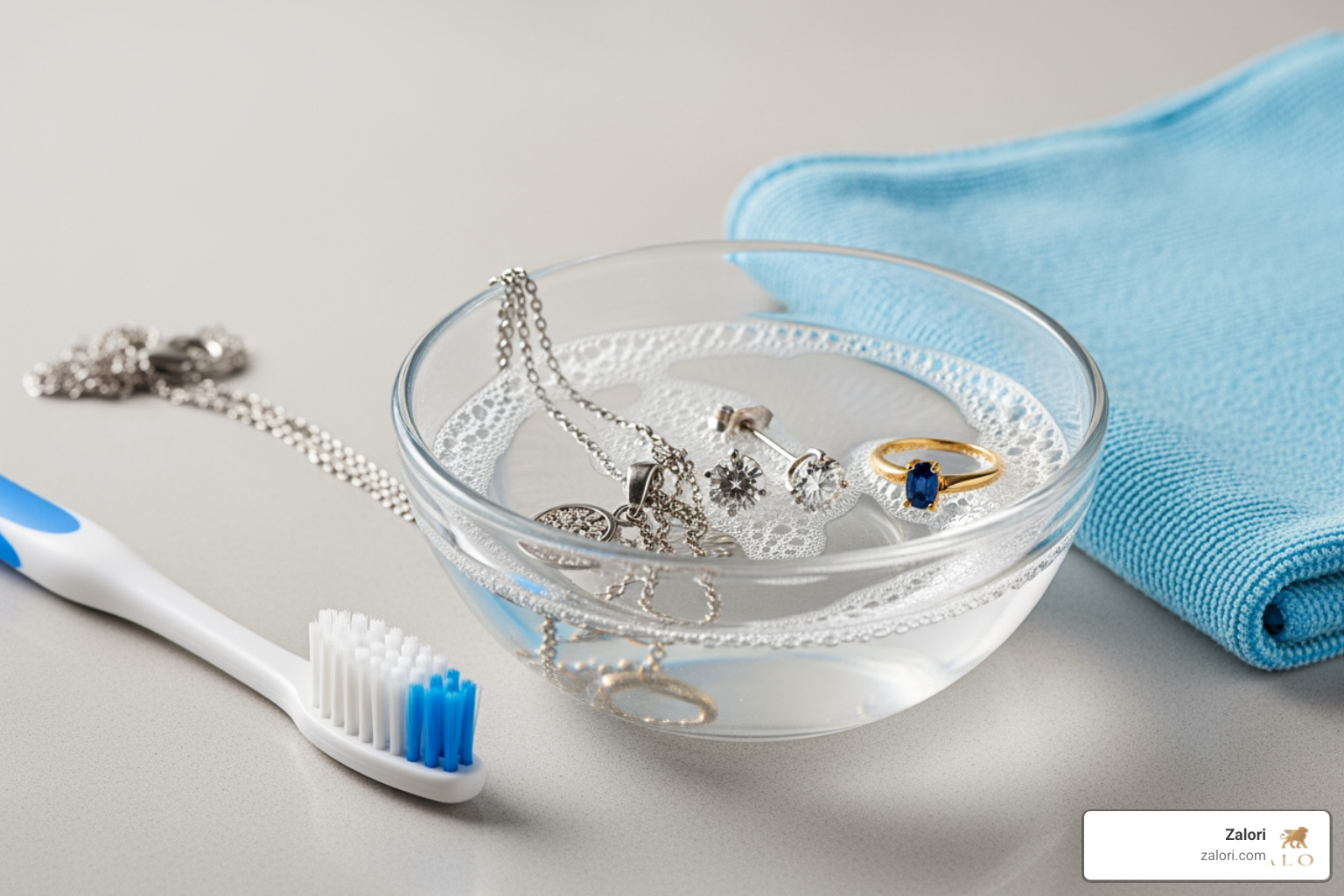 DIY cleaning setup with a bowl of soapy water, a soft toothbrush, and a lint-free cloth - how to care for white gold engagement ring DIY cleaning setup with a bowl of soapy water, a soft toothbrush, and a lint-free cloth - how to care for white gold engagement ring