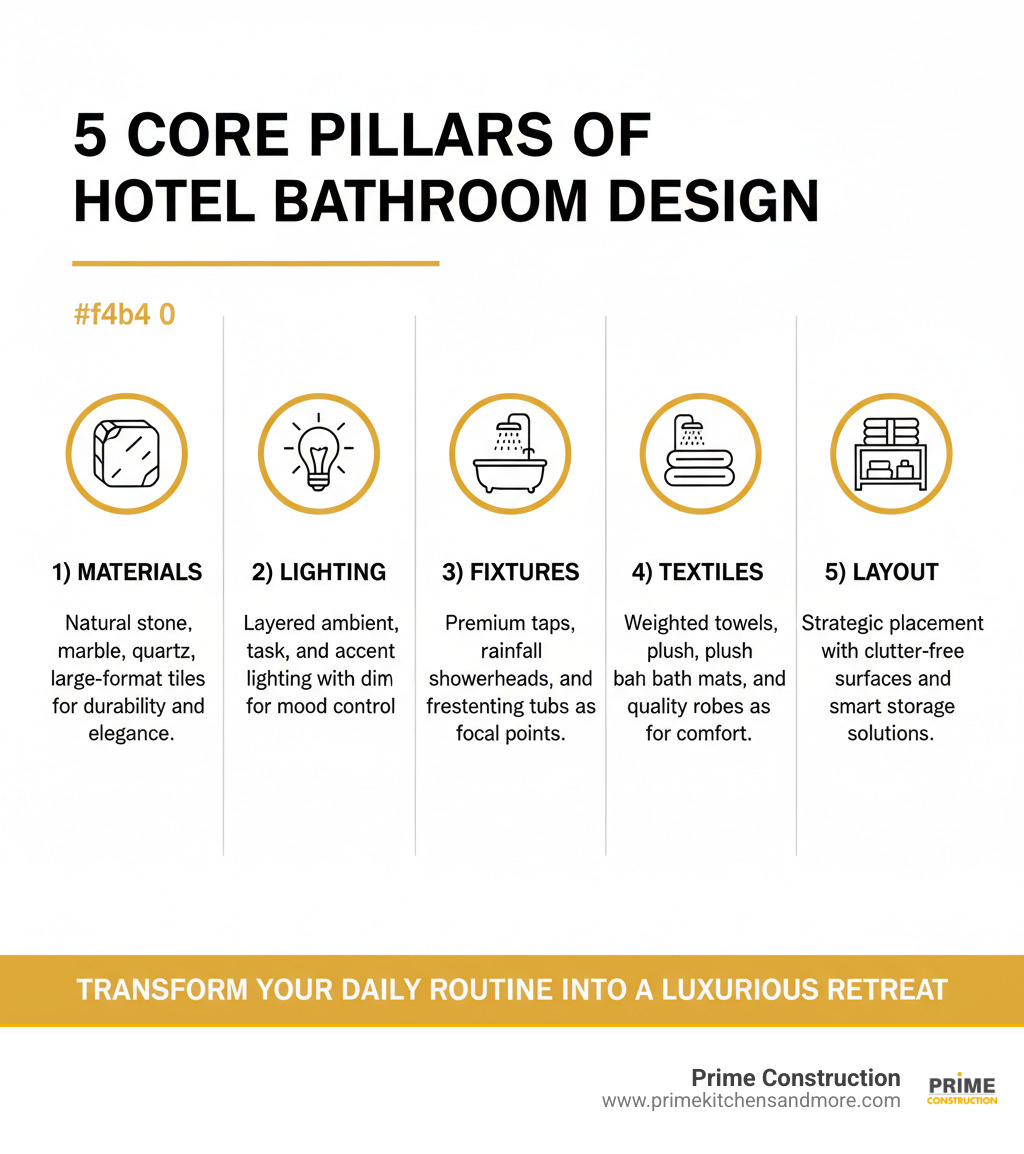 infographic showing the 5 core pillars of hotel bathroom design with icons and brief descriptions for each pillar: 1) Materials - natural stone, marble, quartz, and large-format tiles for durability and elegance, 2) Lighting - layered ambient, task, and accent lighting with dimmers for mood control, 3) Fixtures - premium taps, rainfall showerheads, and freestanding tubs as focal points, 4) Textiles - weighted towels, plush bath mats, and quality robes for comfort, 5) Layout - strategic placement with clutter-free surfaces and smart storage solutions - hotel style bathroom infographic 