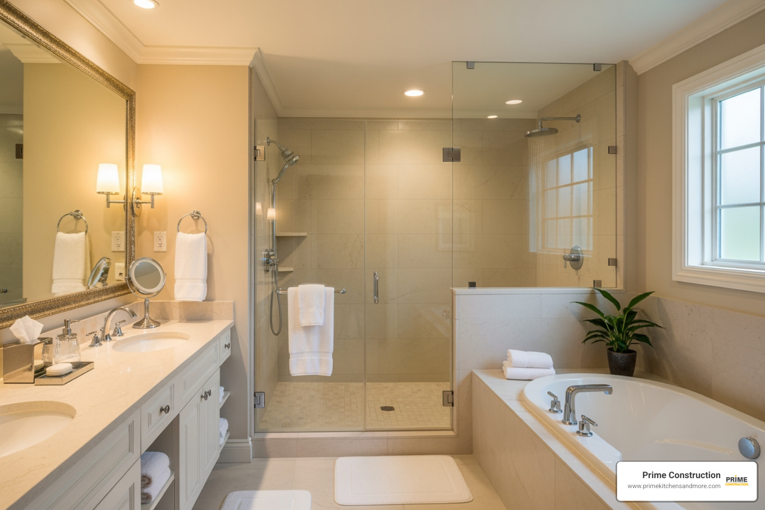 spacious walk-in shower with a rainfall head and frameless glass next to a freestanding tub - hotel style bathroom