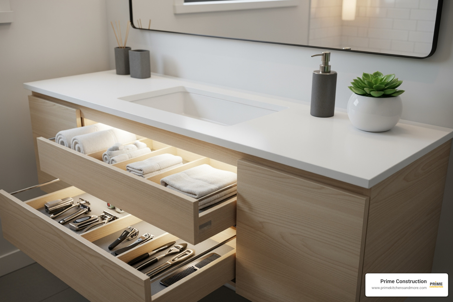 floating vanity with organized drawers and a tidy countertop featuring a plant and neat soap dispenser - hotel style bathroom