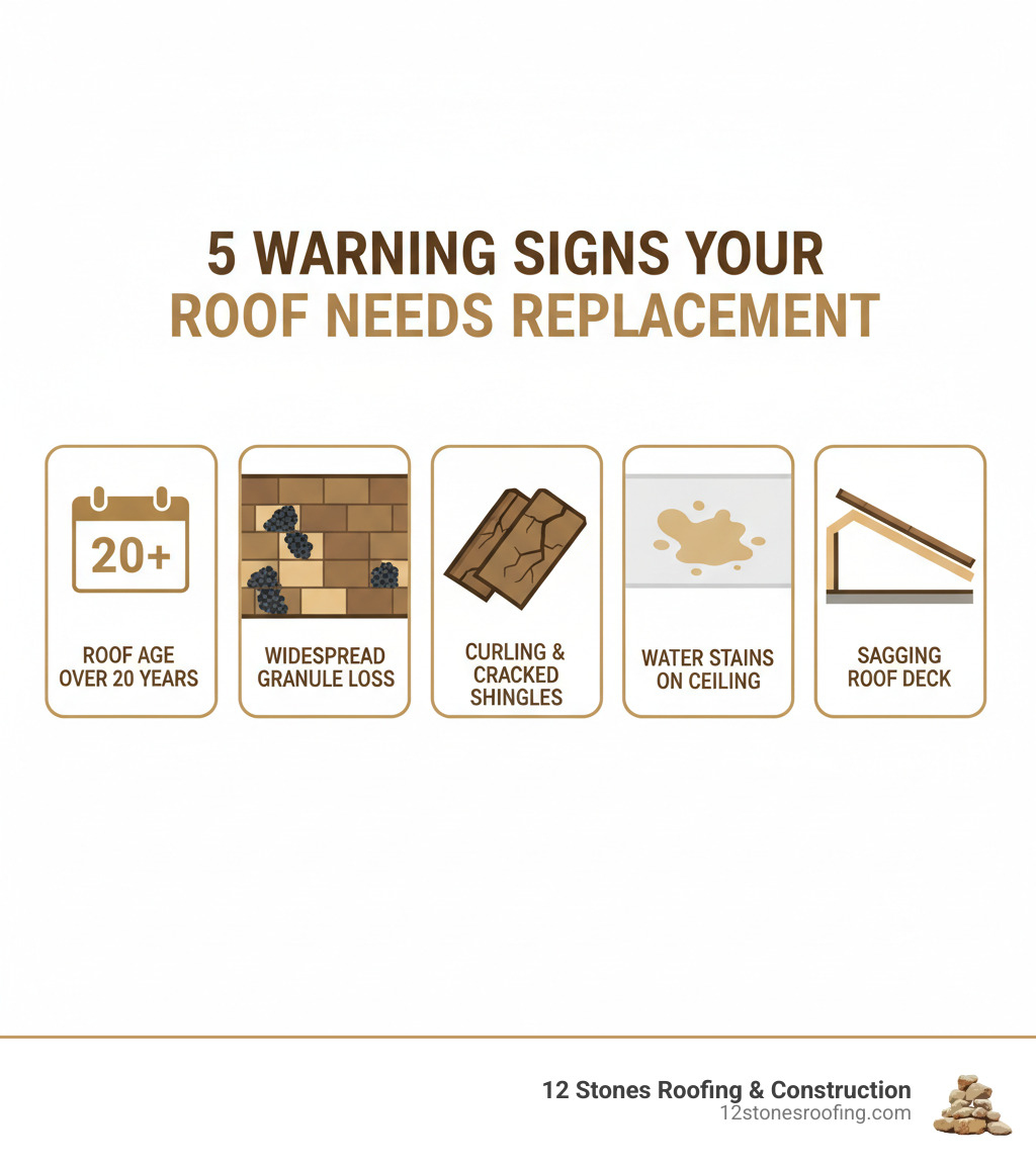 infographic showing five warning signs for roof replacement: roof age over 20 years with calendar icon, widespread granule loss showing closeup of bald shingles, curling and cracked shingles illustration, water stains on ceiling, and sagging roof deck cross-section - Complete roof replacement infographic infographic showing five warning signs for roof replacement: roof age over 20 years with calendar icon, widespread granule loss showing closeup of bald shingles, curling and cracked shingles illustration, water stains on ceiling, and sagging roof deck cross-section - Complete roof replacement infographic