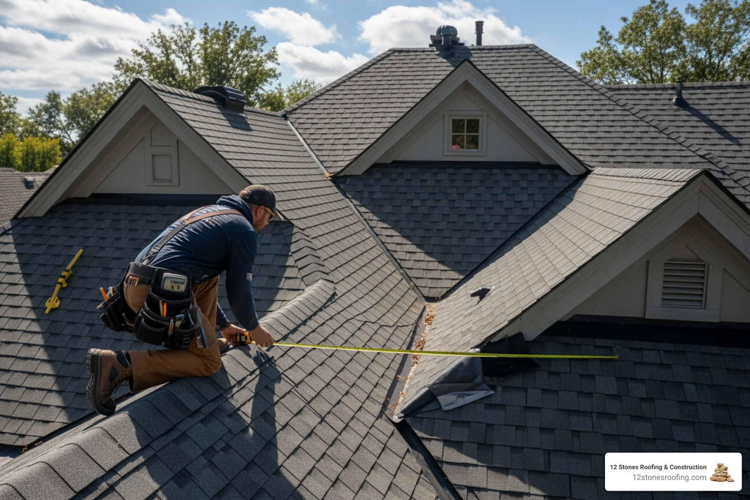roofer measuring a complex roof with multiple gables and valleys - Complete roof replacement roofer measuring a complex roof with multiple gables and valleys - Complete roof replacement