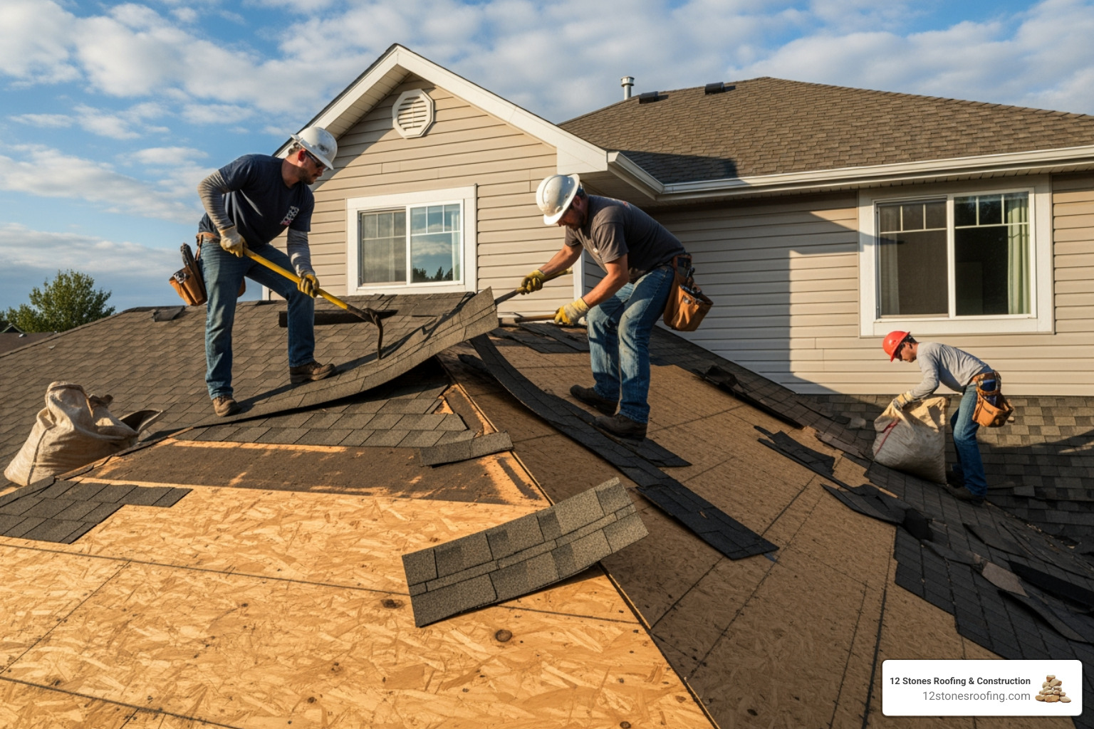 roofing crew carefully removing old shingles to expose the wooden roof deck - Complete roof replacement roofing crew carefully removing old shingles to expose the wooden roof deck - Complete roof replacement