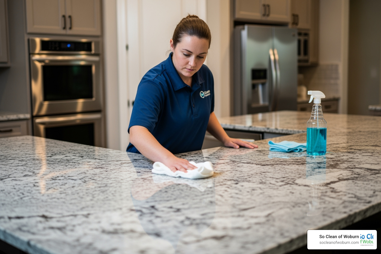 cleaning professional carefully wiping down a granite kitchen island - maid service north andover ma