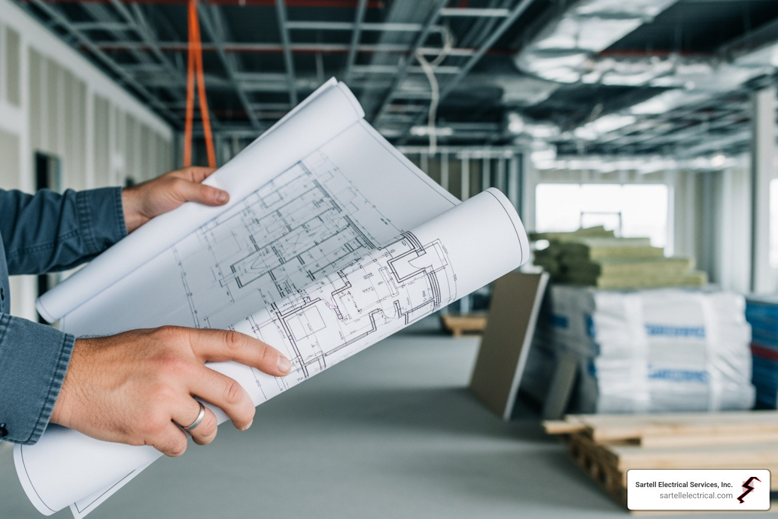 Electrician's hands holding a blueprint in a commercial building - Commercial Electrician Ipswich Electrician's hands holding a blueprint in a commercial building - Commercial Electrician Ipswich