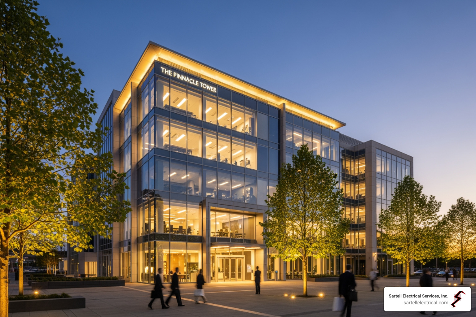 Commercial building exterior at dusk with lights on - Commercial Electrician Ipswich Commercial building exterior at dusk with lights on - Commercial Electrician Ipswich
